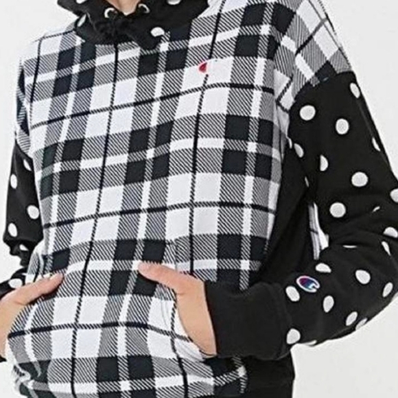 Champion X Urban Outfitters Reverse Weave Hoodie Black/White Polka Dot/ Plaid - Picture 2 of 6